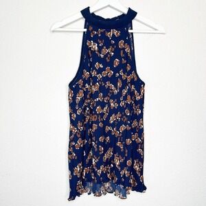 Entro Halter Tie Neck Micro Pleated Lettuce Hem Navy and Brown Floral Top S